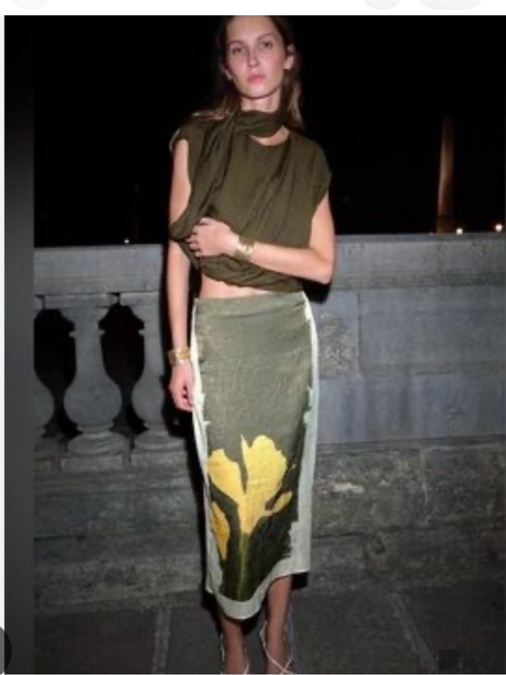 Zara Wrinkled Effect Floral Art Print Olive Green Midi Skirt